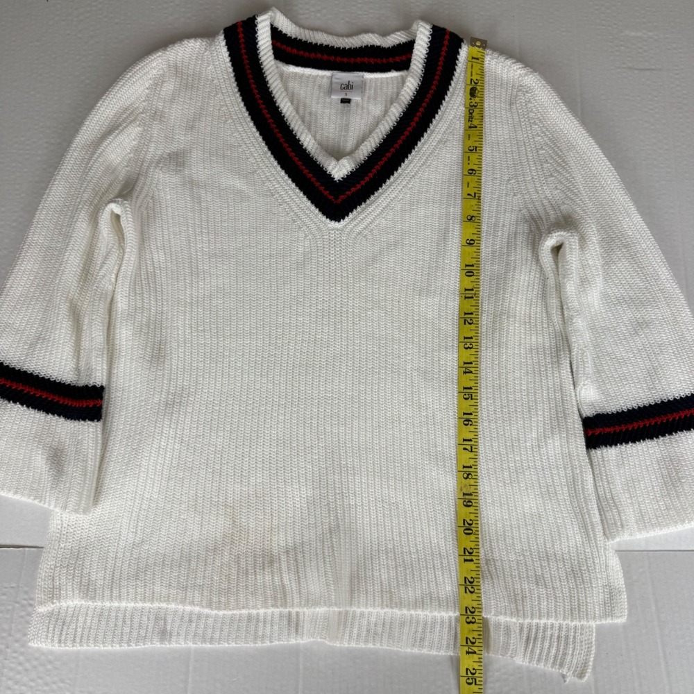 Cabi Ace hite Shaker Stitch V-Neck Pullover Sweater Striped Trim 5639 Small - Picture 7 of 10
